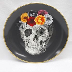 HARVEST GREEN STUDIO HALLOWEEN  SKULL FLOWERS GOLD TRIM DINNER PLATES-S/4 - #B